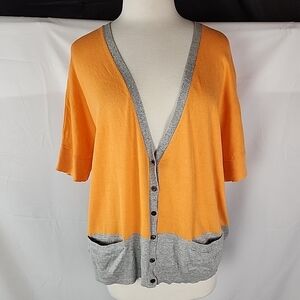 Gap Colorblock Cardigan Women XL Orange Gray V-Neck Short Sleeve Pockets Preppy